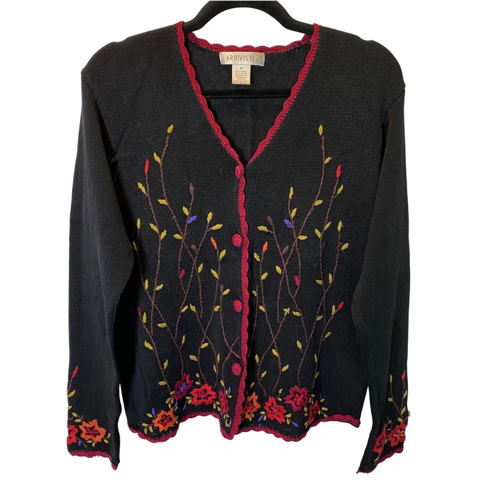 Arriviste Floral Embroidered Cardigan Women Medium Black Knit Cottage Grandma